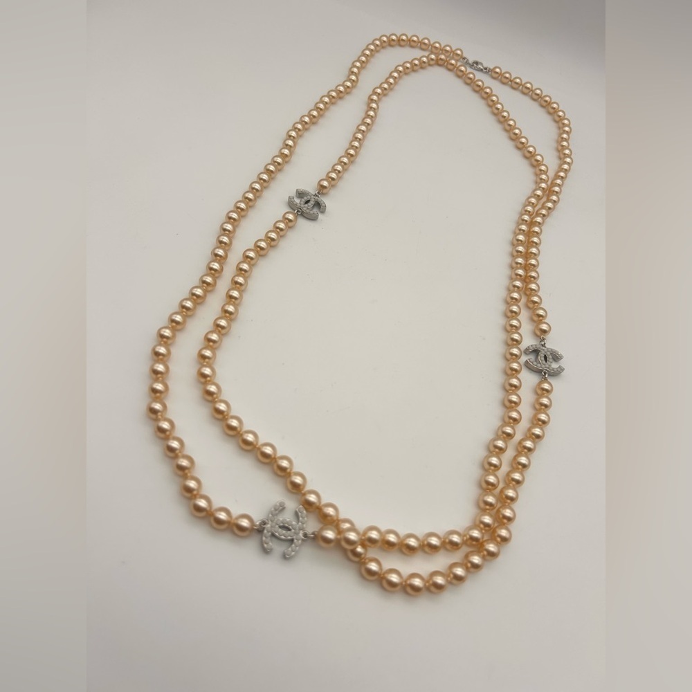 Chanel 100% Authentic Pearl 3 CC Long Necklace Silver Tone 34 Inch